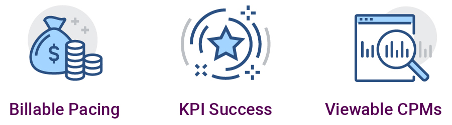 Money bag icon representing billable pacing, shinning star icon showcasing KPIs success, and glasses accompanied by a mouse pointer symbolize viewable CPMs.
